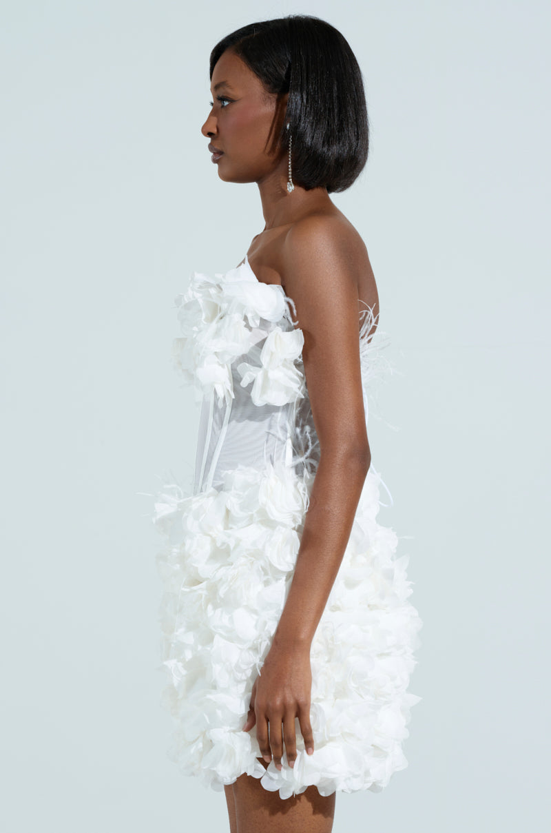 ON BROADWAY FEATHER AND FLOWER MINI DRESS