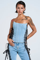 TICKED AND TIED LACE DETAIL DENIM CORSET