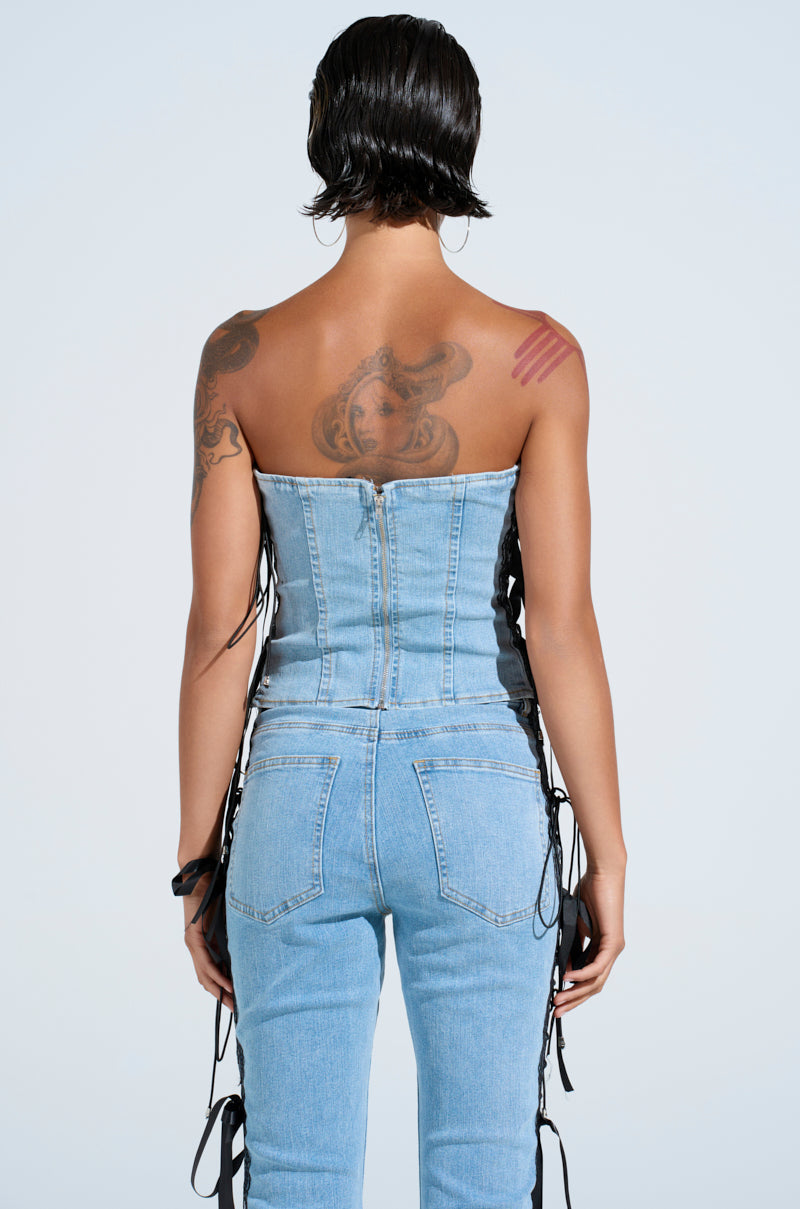 TICKED AND TIED LACE DETAIL DENIM CORSET