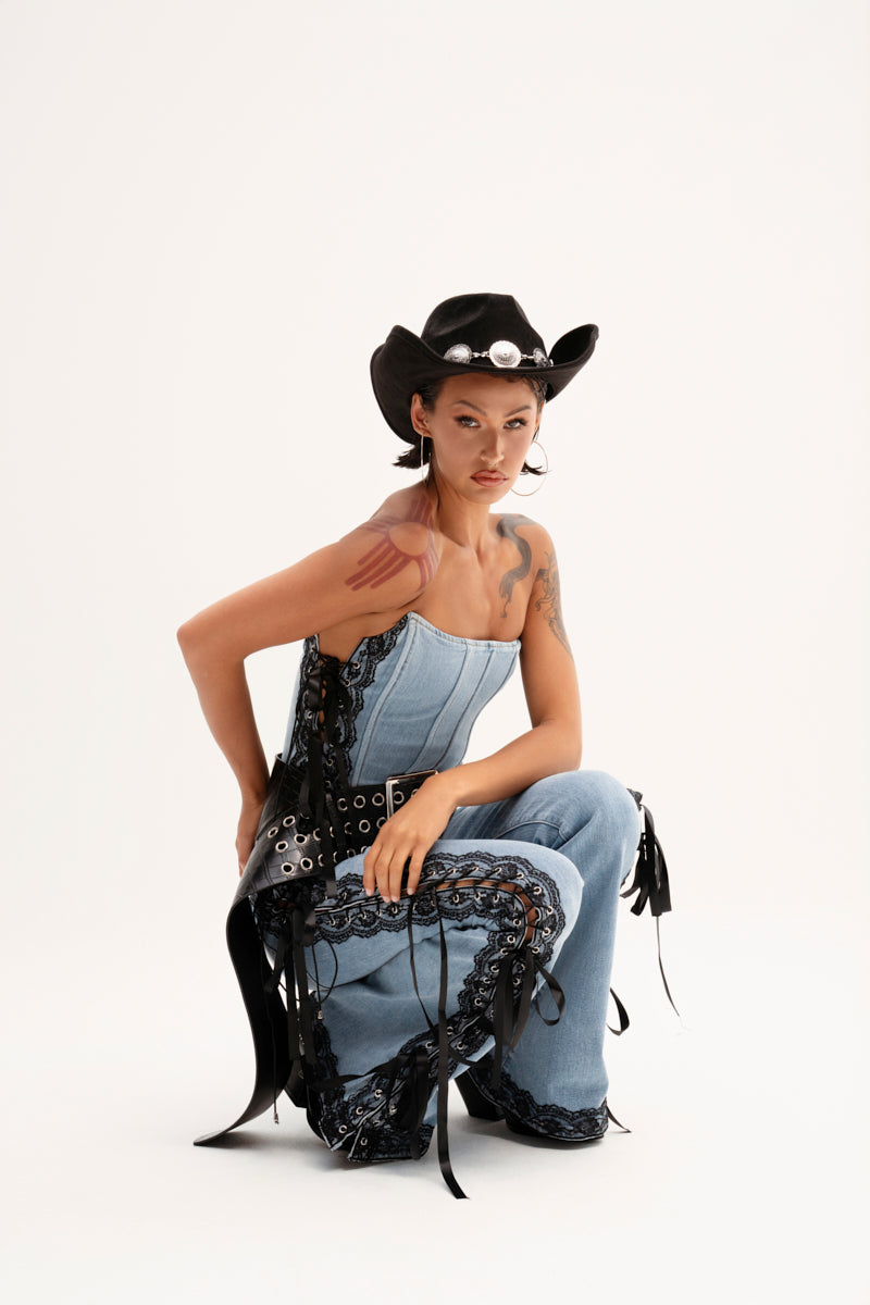 TICKED AND TIED LACE AND BOW DETAIL DENIM PANTS