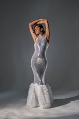 BELLE OF THE BALL SEQUIN RUFFLE MAXI DRESS IN WHITE