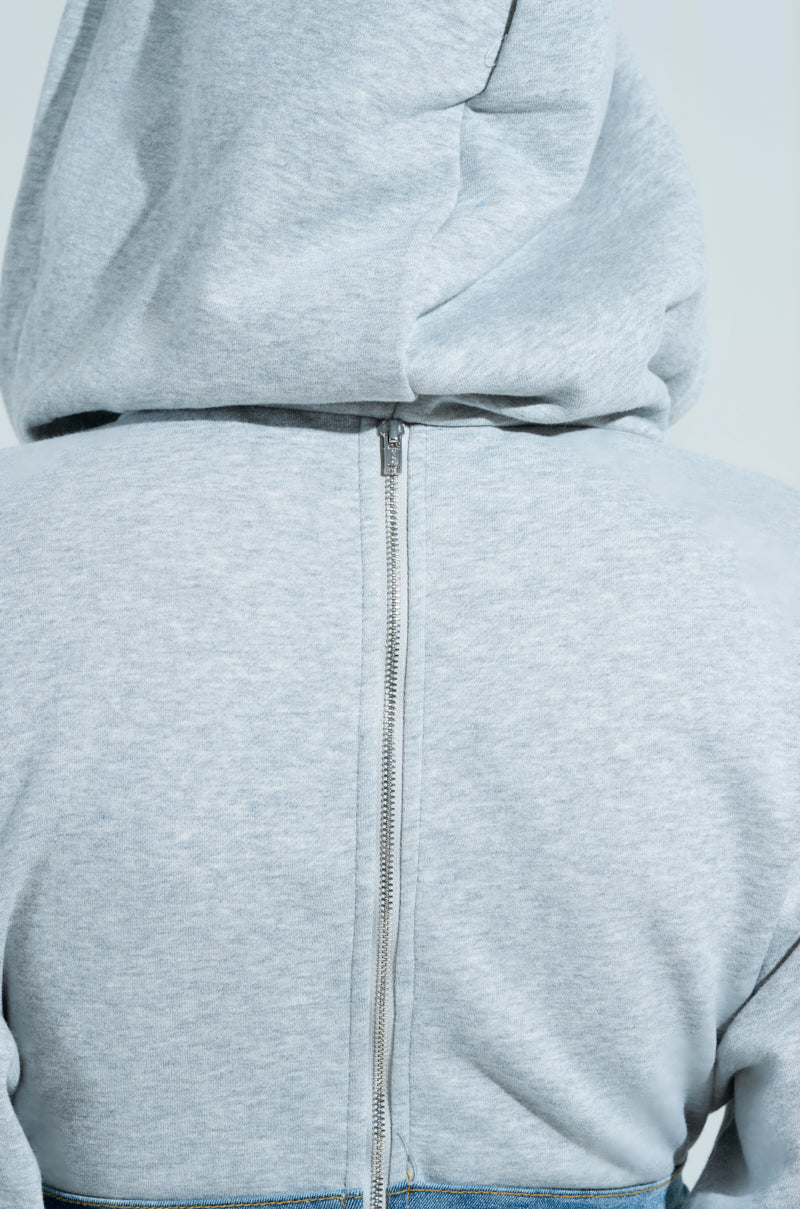 DENIM ON DENIM LAYERED MAXI DRESS WITH HOOD