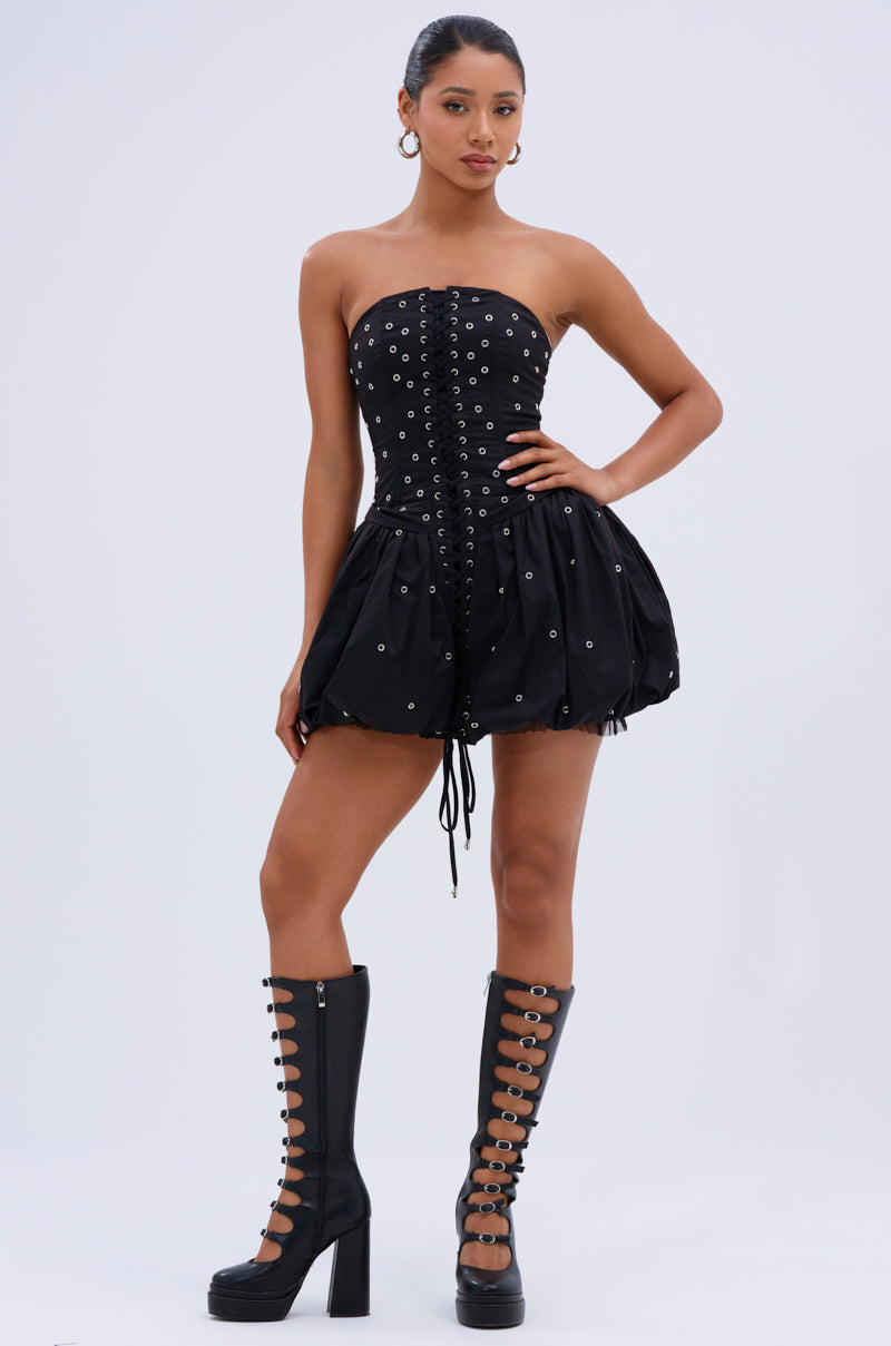 ON THE EDGE BUBBLE MINI DRESS WITH GROMMETS