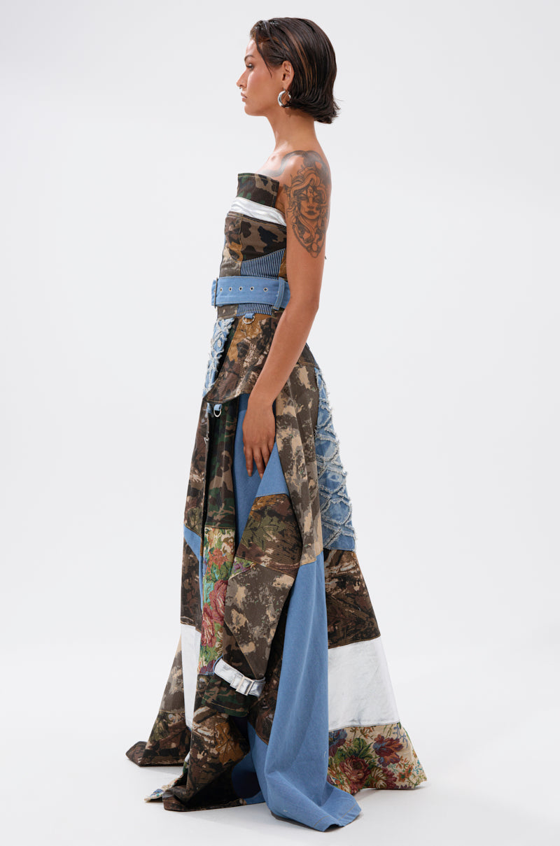 STRAPLESS TRENCH MAXI DRESS WITH PATCHWORK DETAIL