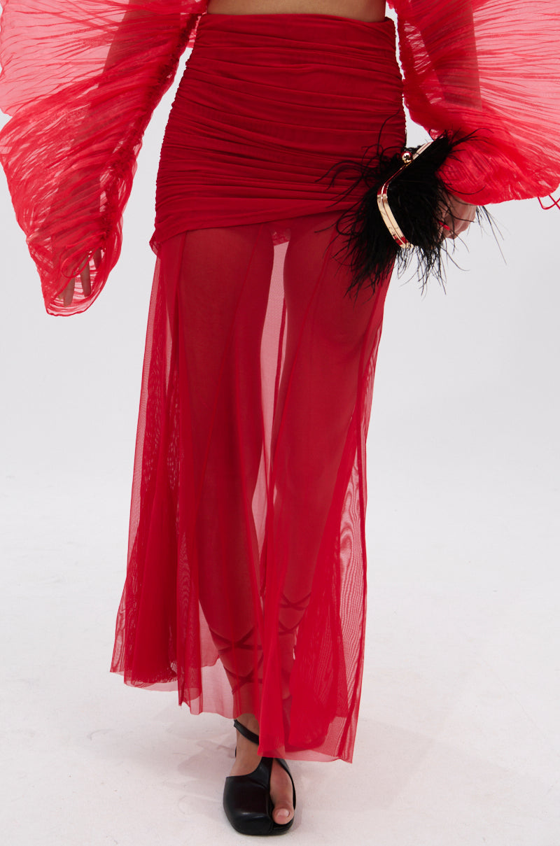 EASY ENOUGH RED MESH MIDI SKIRT