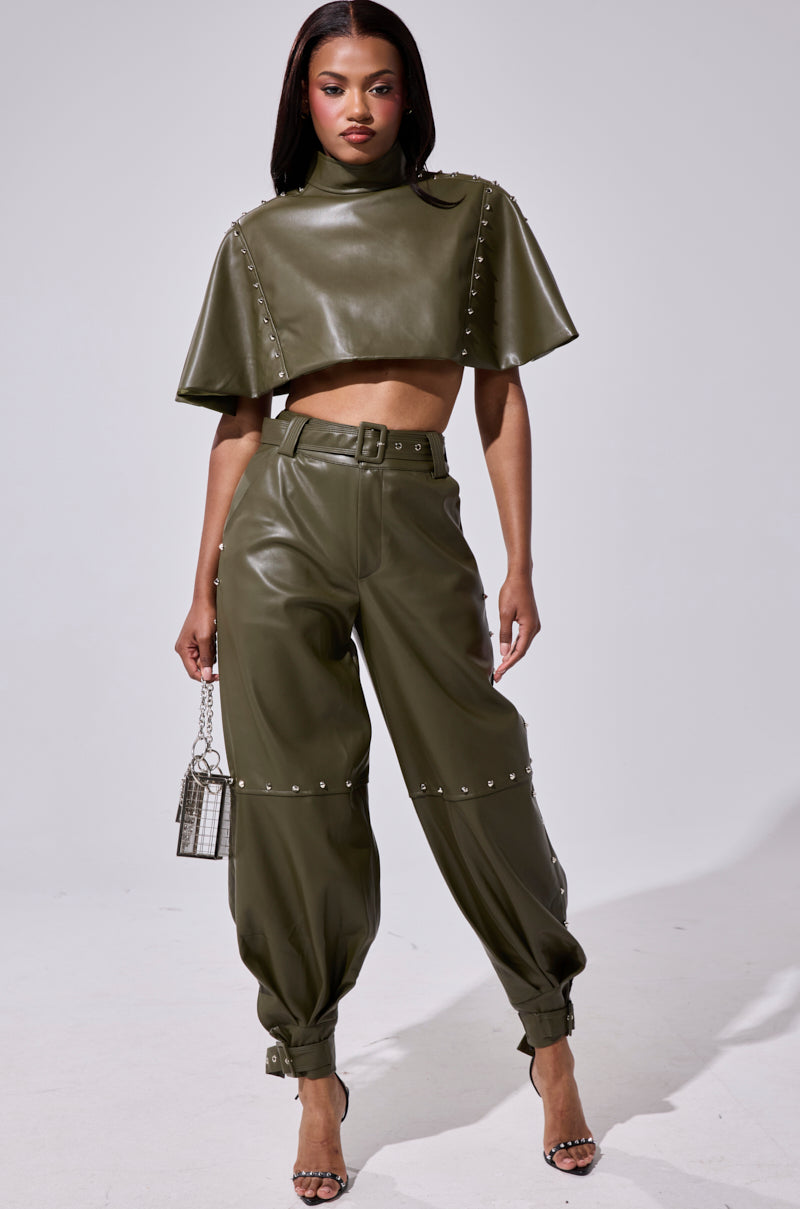 STUDDED FAUX LEATHER BELTED PANT