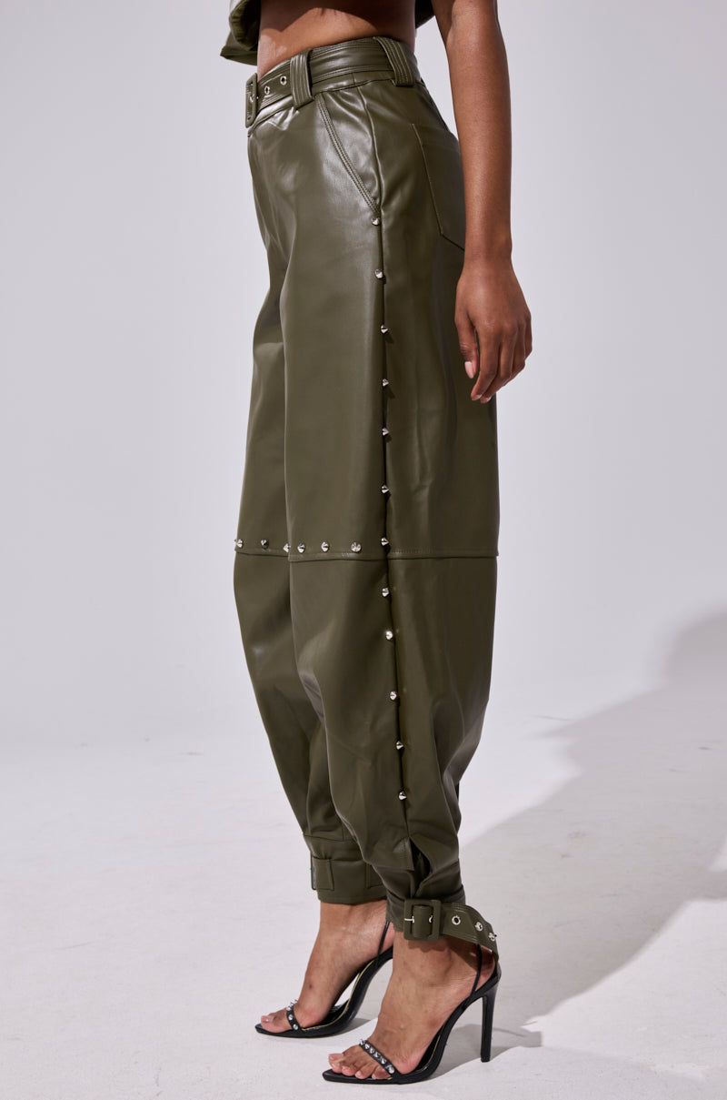 STUDDED FAUX LEATHER BELTED PANT