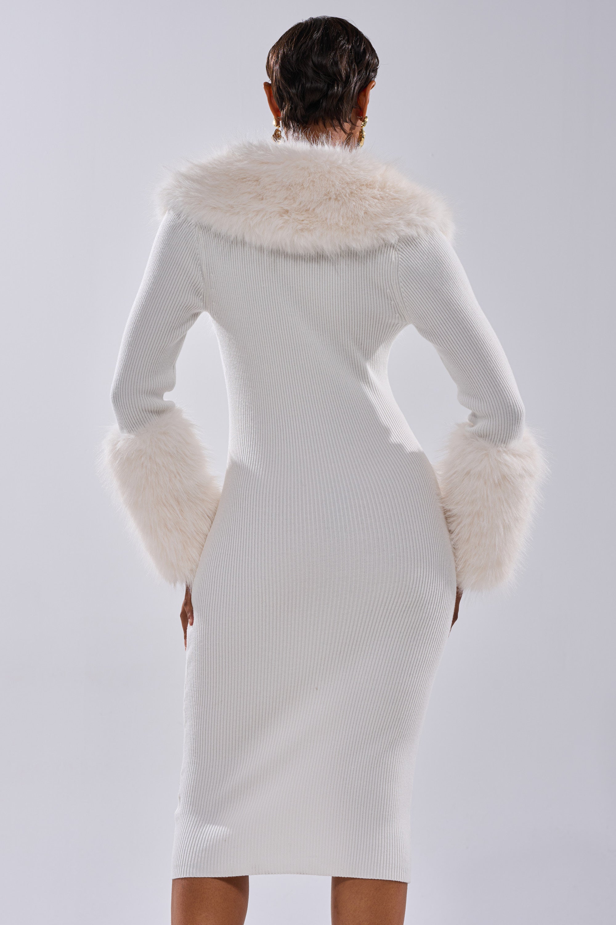 CELINE SWEATER MIDI DRESS WITH FUR TRIM