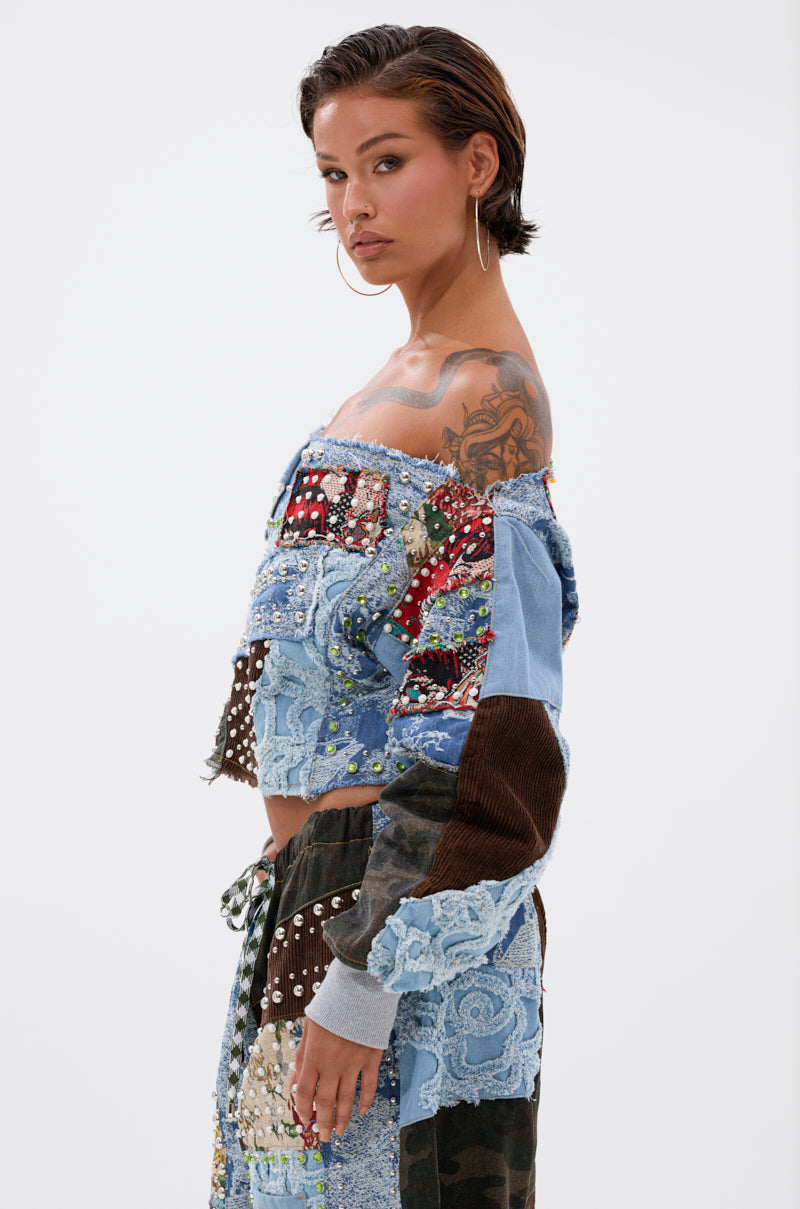 CALL ME CRAZY PATCHWORK OFF THE SHOULDER SWEATSHIRT