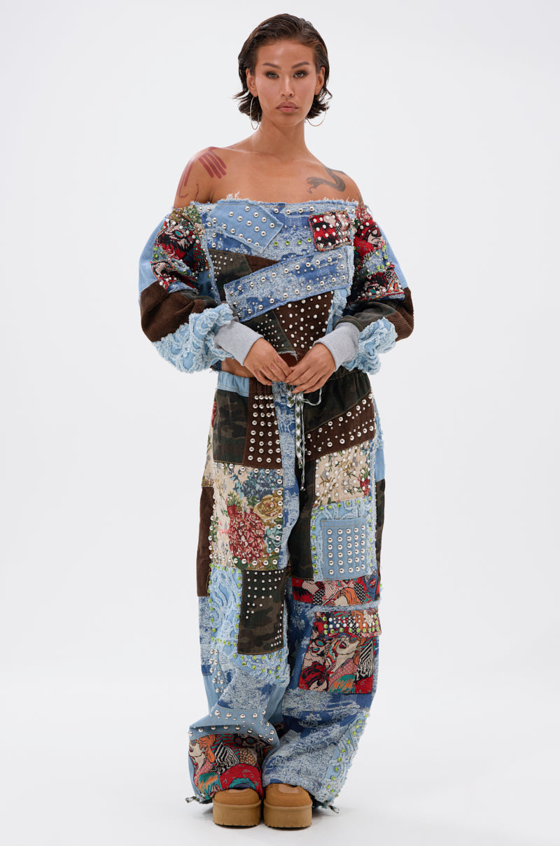 CALL ME CRAZY PATCHWORK OFF THE SHOULDER SWEATSHIRT