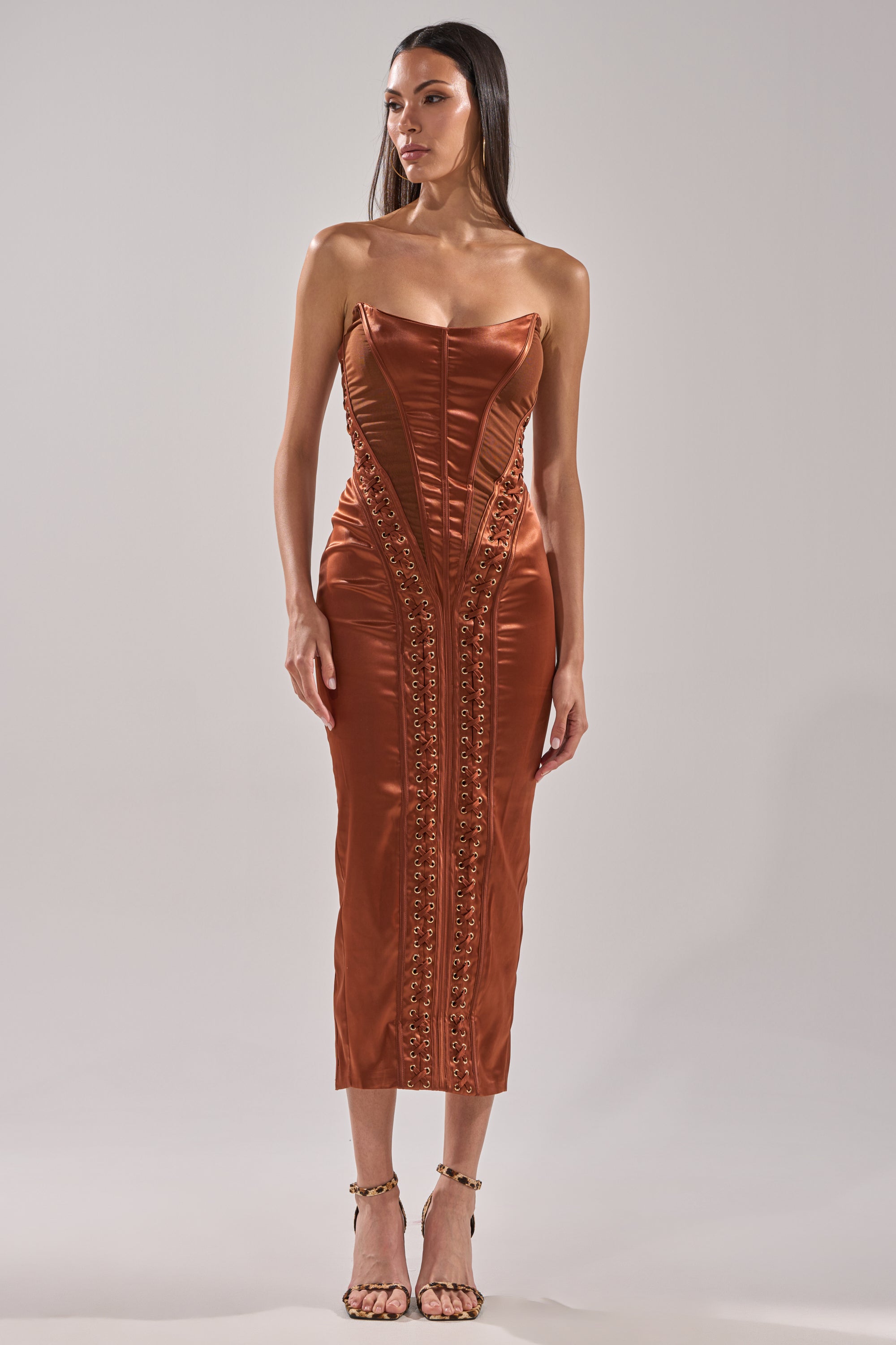 WOAH BABY SATIN MIDI DRESS IN CHOCOLATE