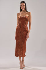 WOAH BABY SATIN MIDI DRESS IN CHOCOLATE