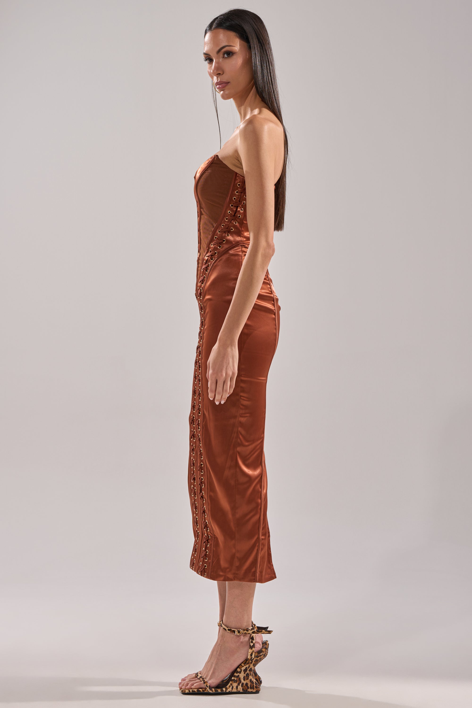 WOAH BABY SATIN MIDI DRESS IN CHOCOLATE