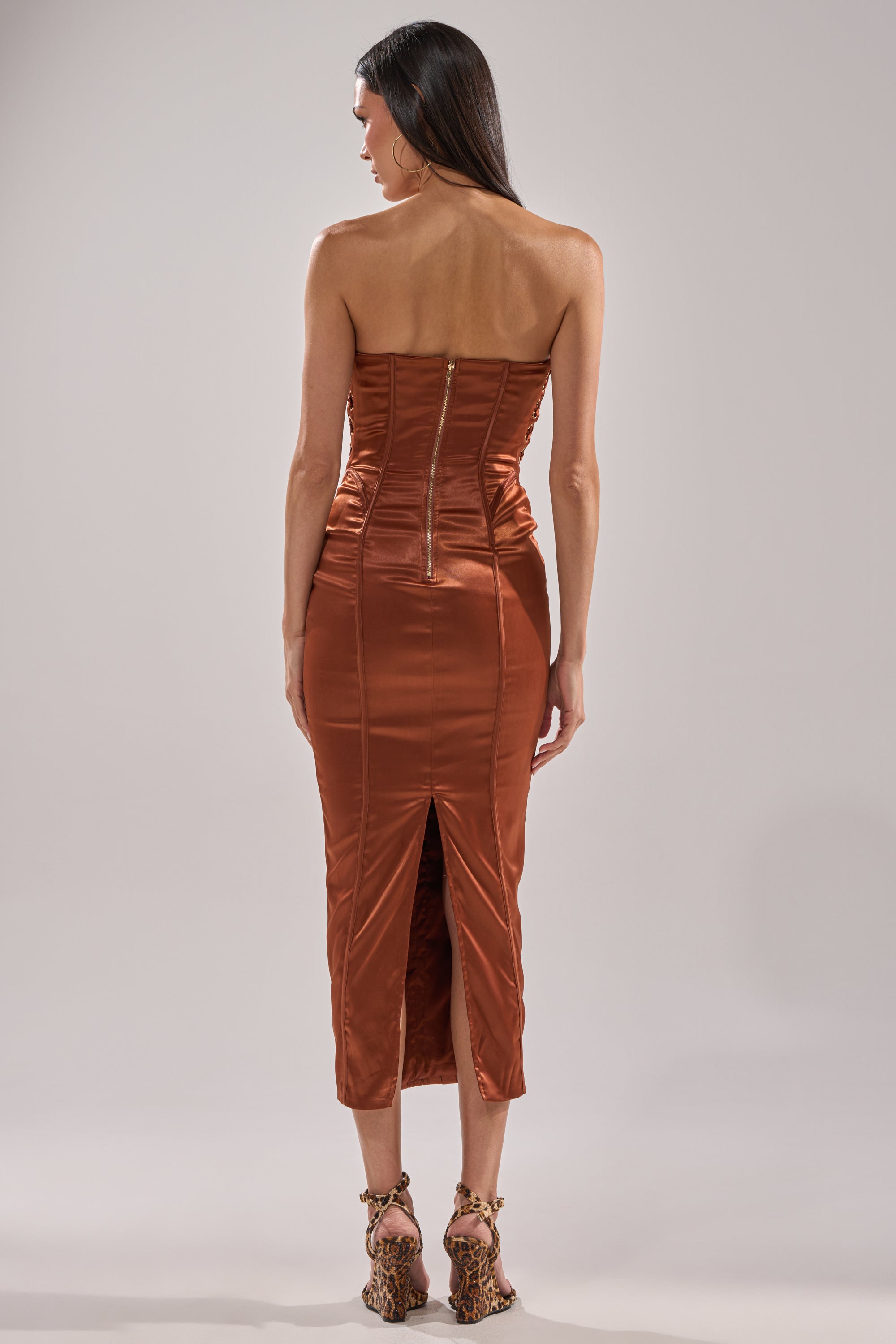 WOAH BABY SATIN MIDI DRESS IN CHOCOLATE