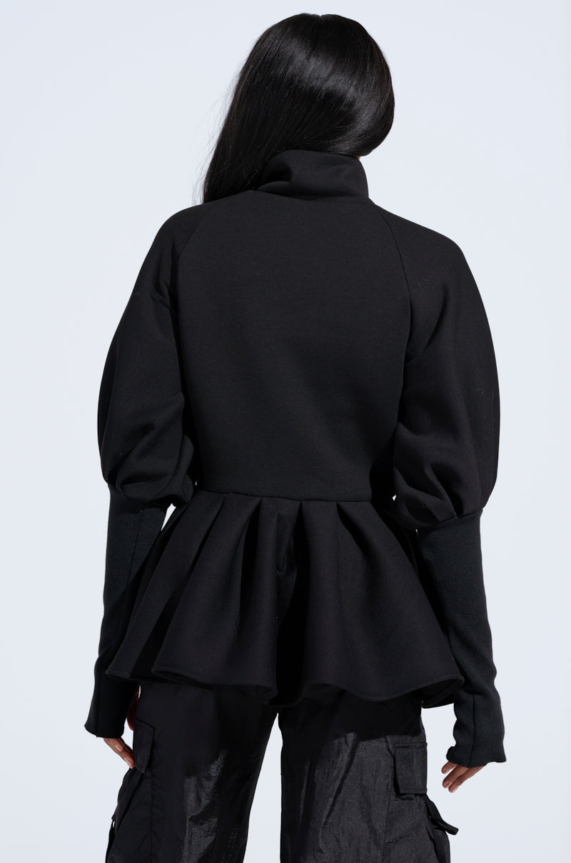 TWIN FLAME PEPLUM BOMBER IN BLACK