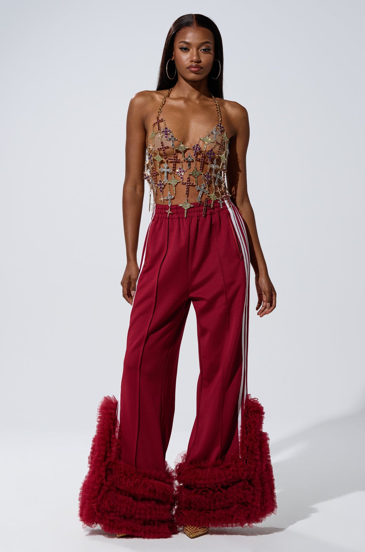 MODERN JAM TRACK PANT WITH TULLE IN BURGUNDY