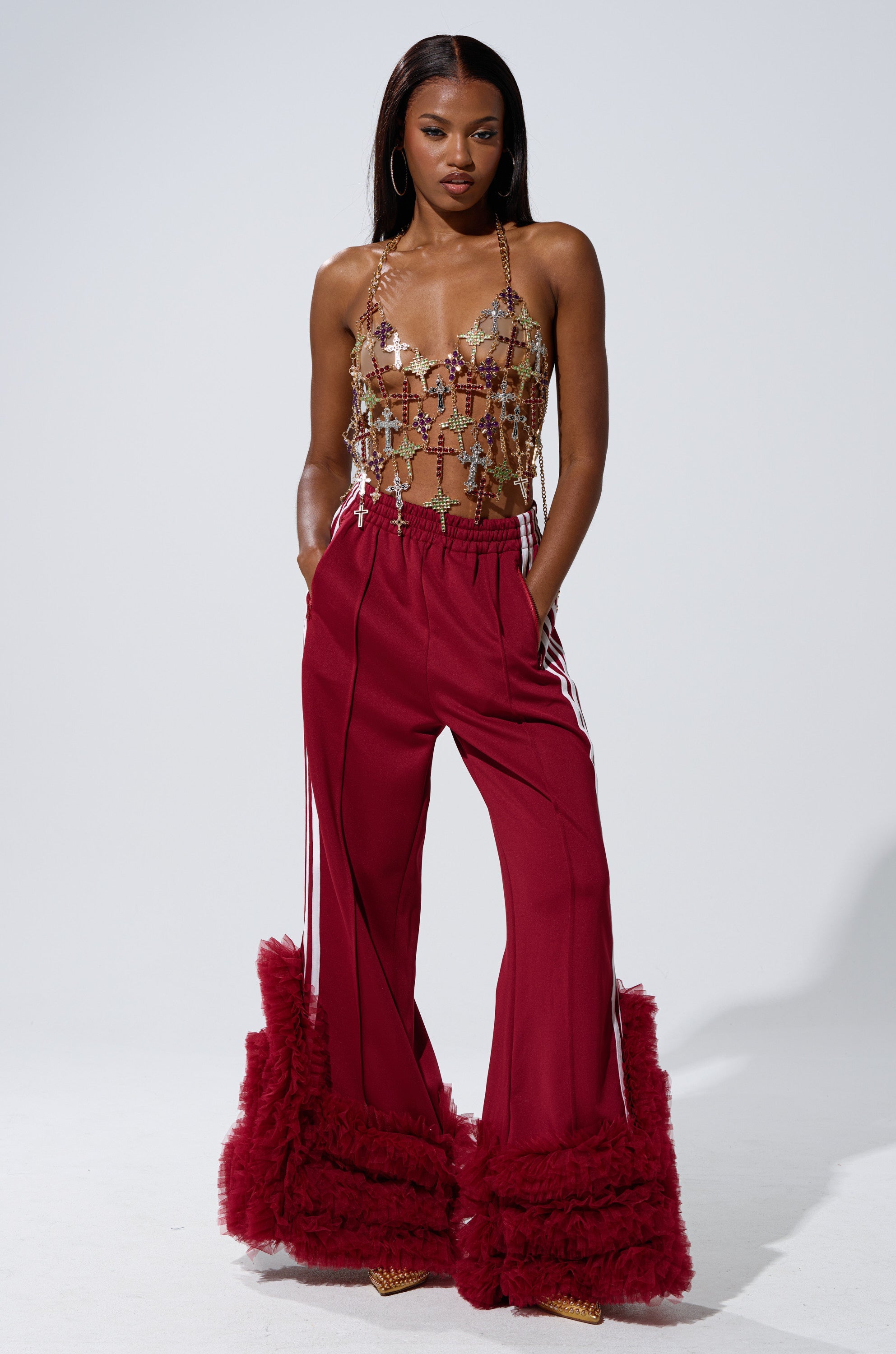 MODERN JAM TRACK PANT WITH TULLE IN BURGUNDY