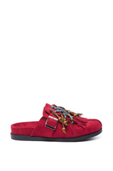 AZALEA WANG ABEILLE BURGUNDY FAUX SUEDE FRINGE CLOG