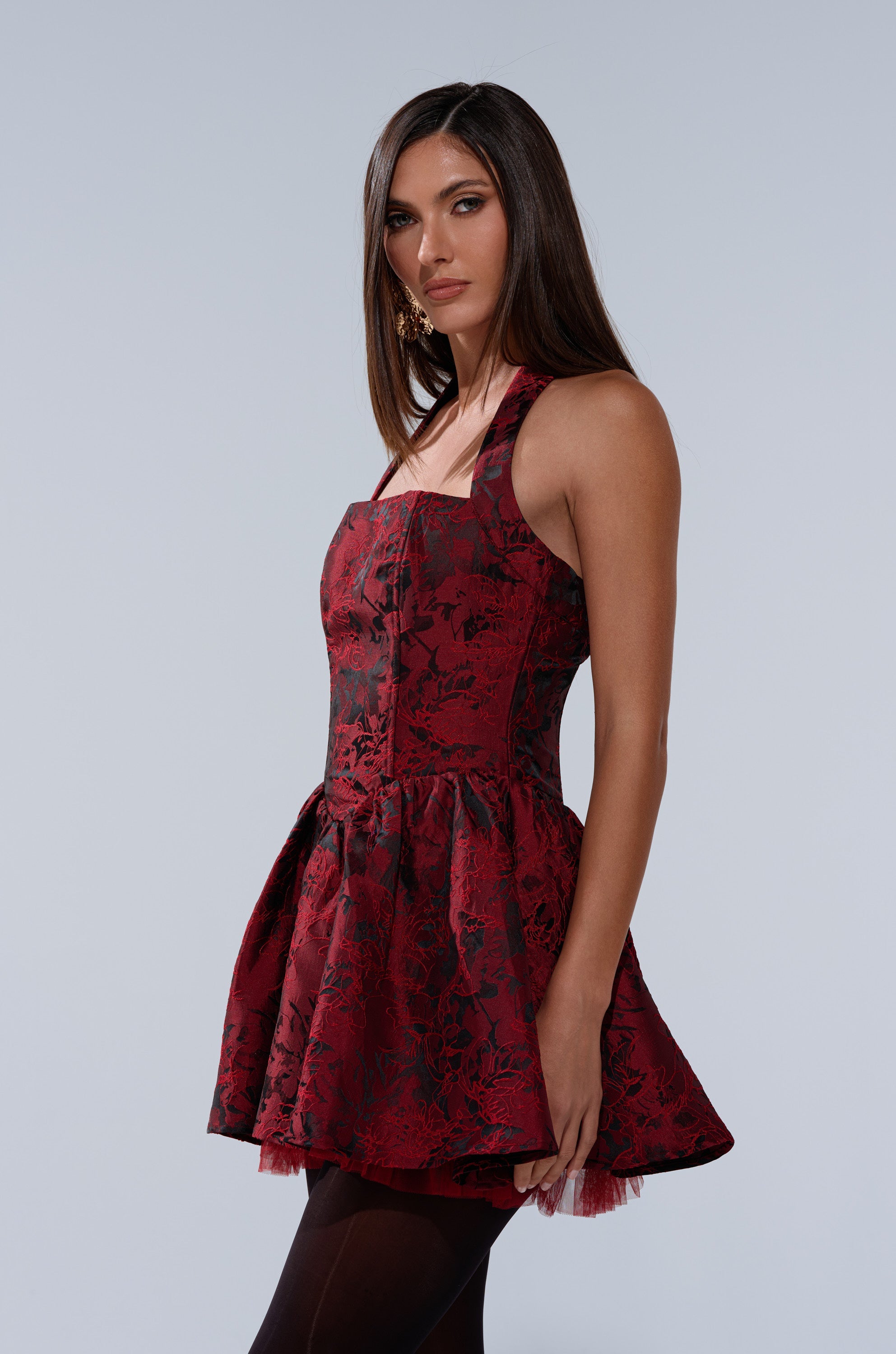 BRINA BROCADE MINI DRESS IN BURGUNDY