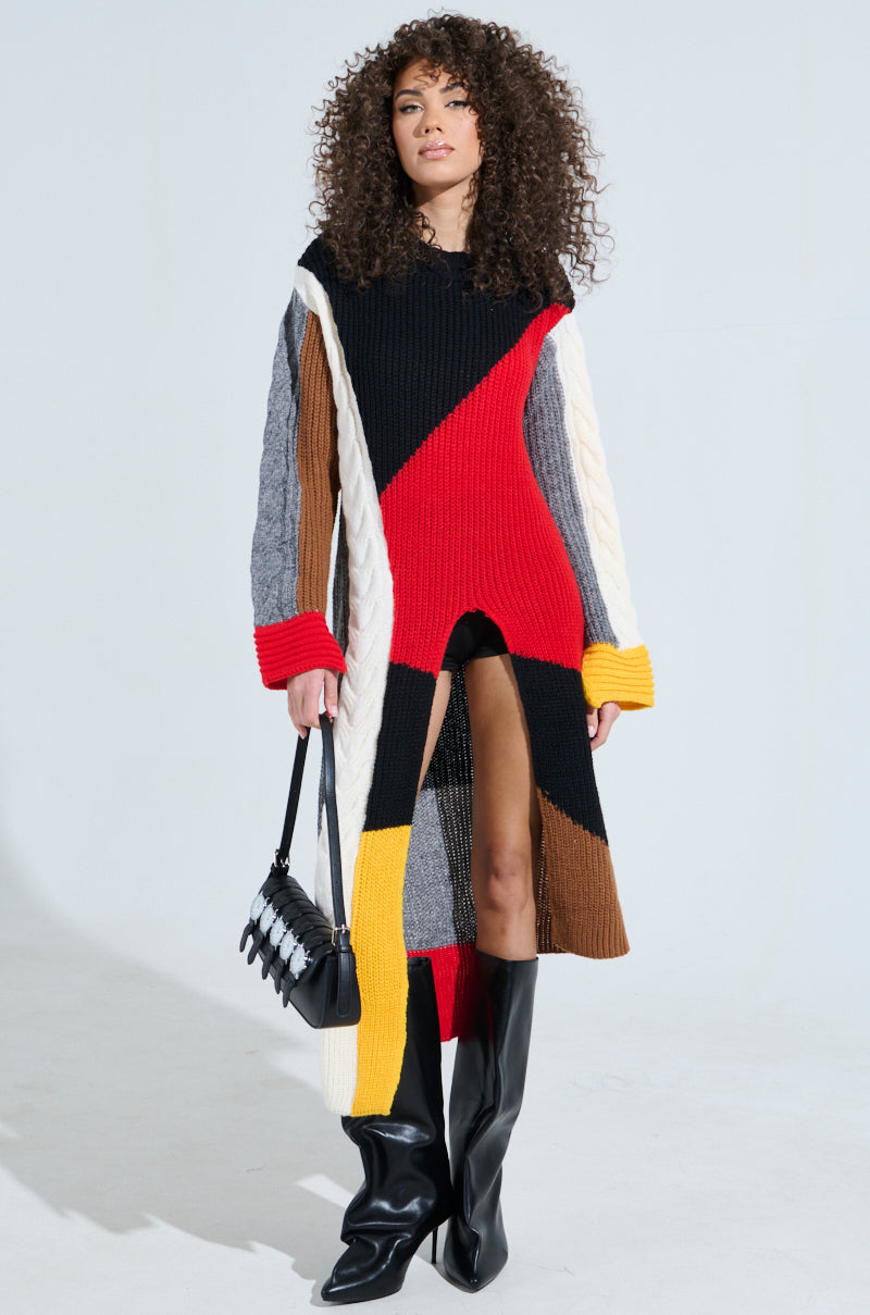 MIXED PATTERN LONG SLEEVE SWEATER DRESS