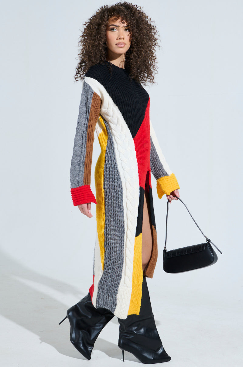 MIXED PATTERN LONG SLEEVE SWEATER DRESS