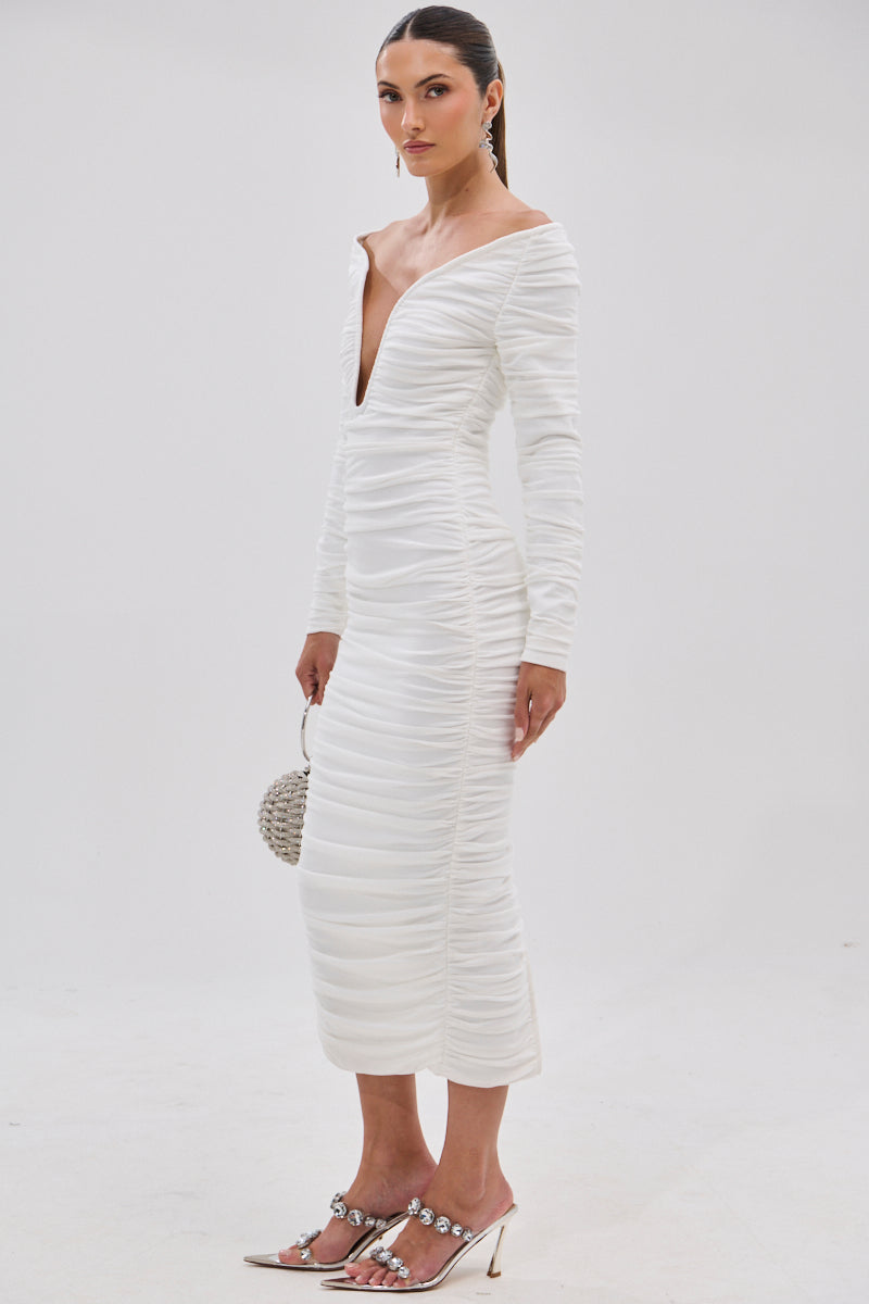 TARAJI BANDAGE MIDI DRESS WITH MESH OVERLAY