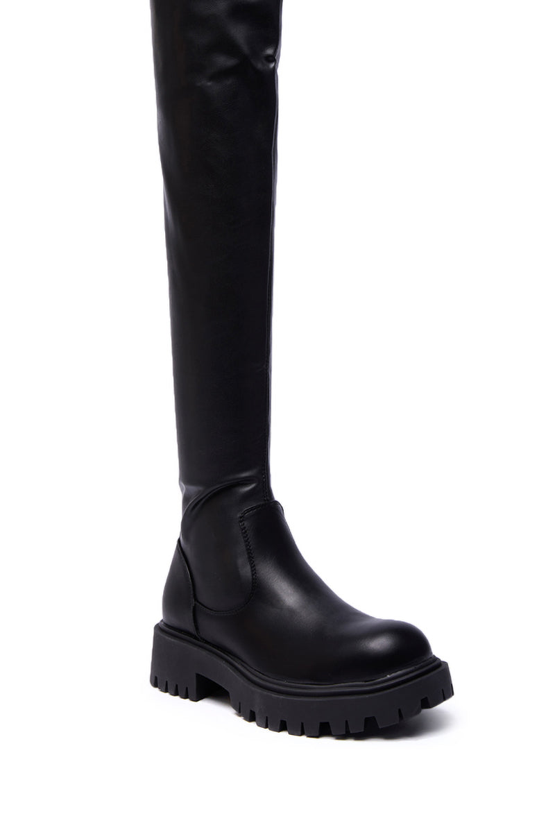 AZALEA WANG AJUNA BLACK FLAT THIGH HIGH STRETCH PU BOOT