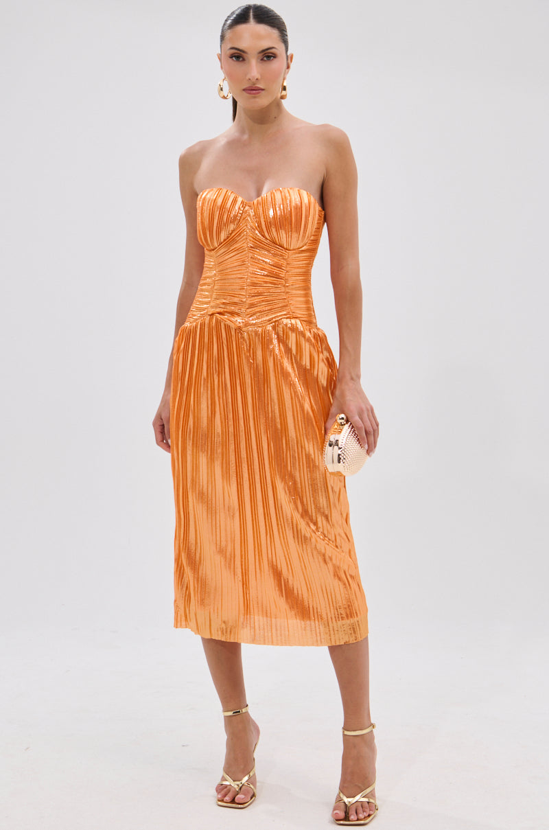 ALL ABOUT ME SATIN BUBBLE MIDI DRESS IN ORANGE