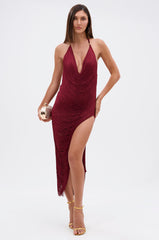 SOFIA FRINGE HIGH SLIT MIDI DRESS IN BURGUNDY