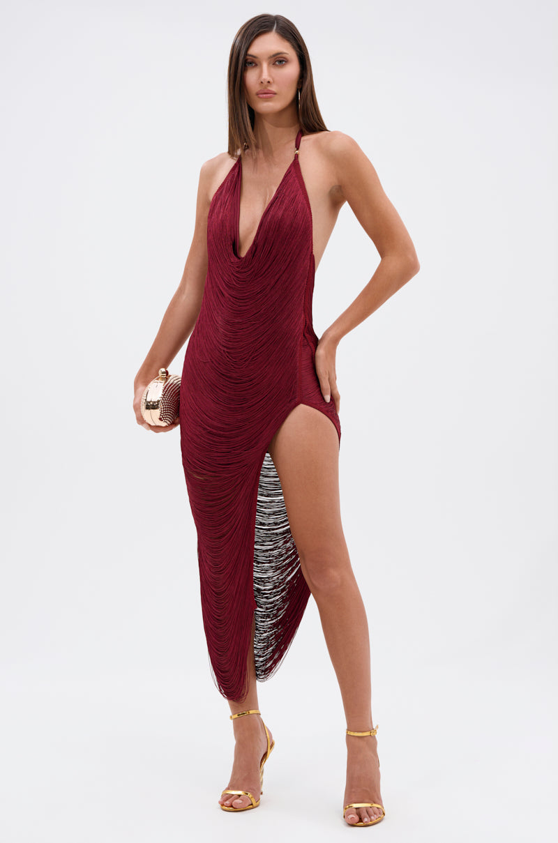 SOFIA FRINGE HIGH SLIT MIDI DRESS IN BURGUNDY