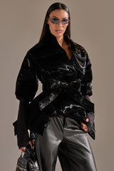 RIB SLEEVE PEPLUM PUFFER IN LIQUID VELVET