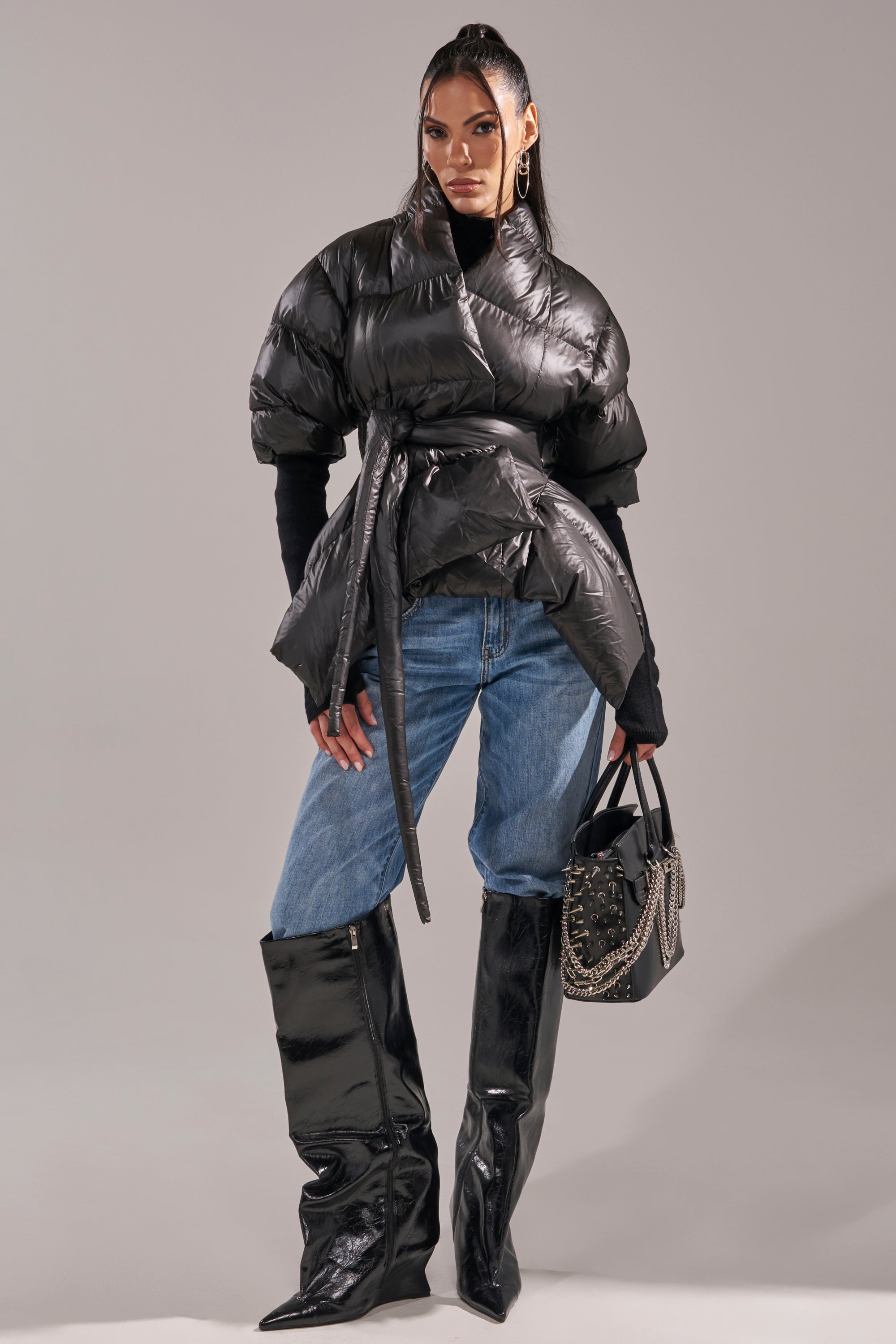 A STEP AHEAD LONG RIBBED SLEEVE PEPLUM PUFFER COAT