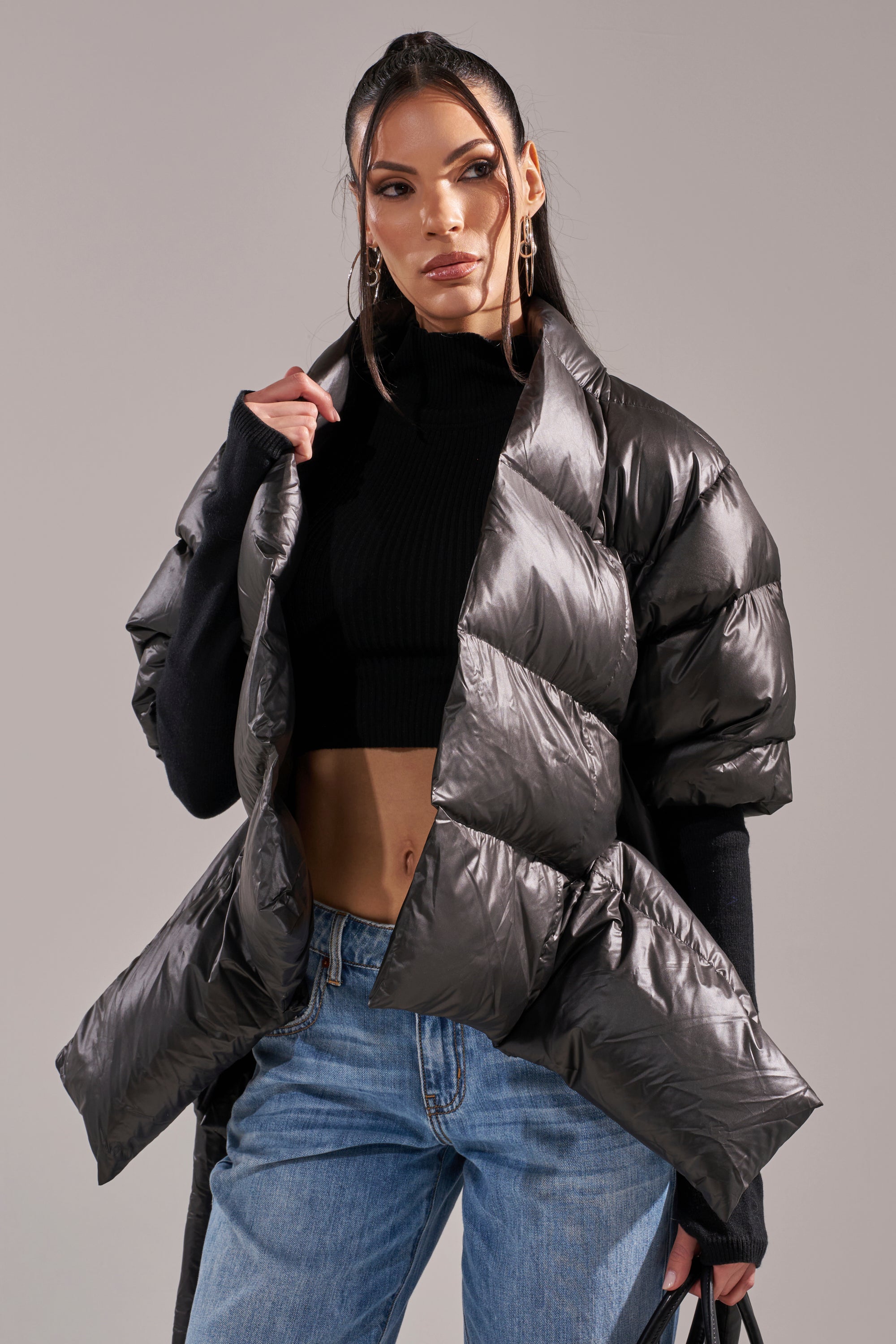 A STEP AHEAD LONG RIBBED SLEEVE PEPLUM PUFFER COAT