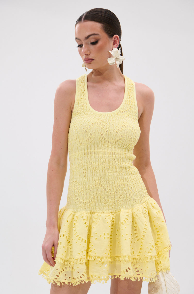 LET'S GO TO THE BEACH RUFFLE MINI DRESS IN YELLOW