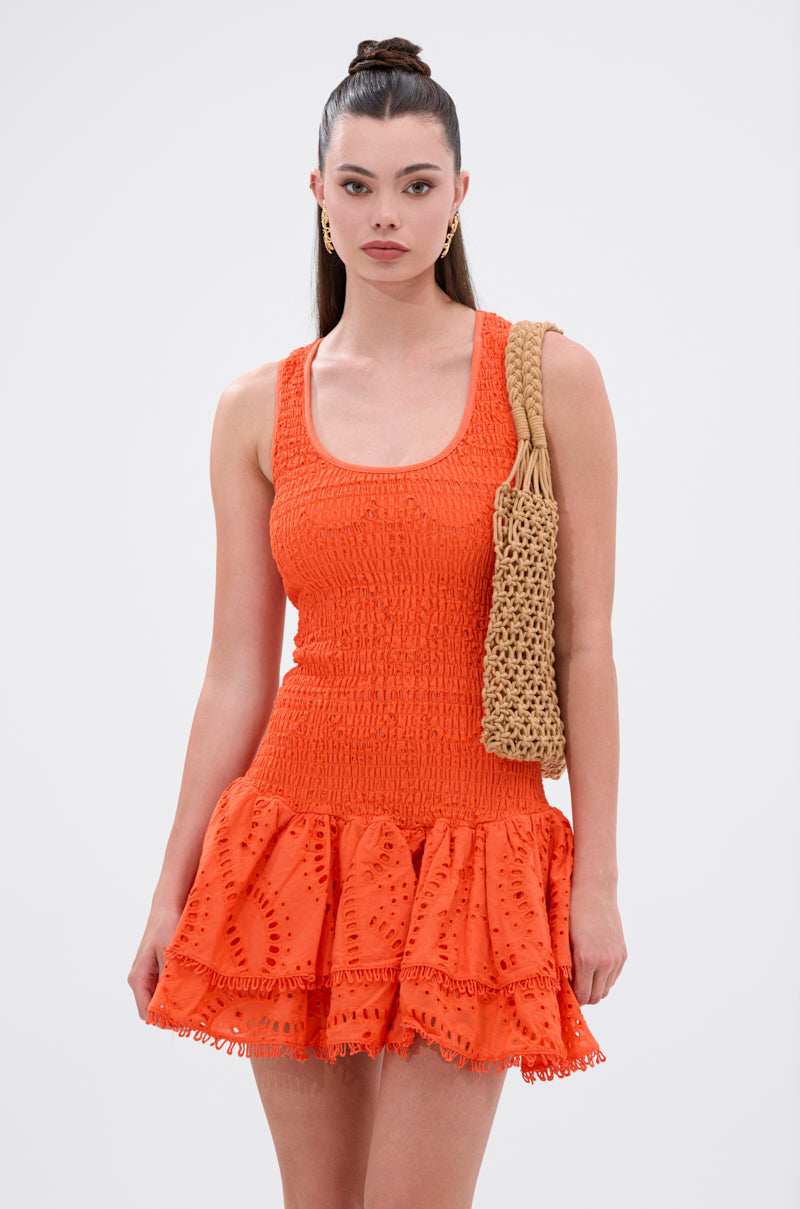 LET'S GO TO THE BEACH RUFFLE MINI DRESS IN ORANGE