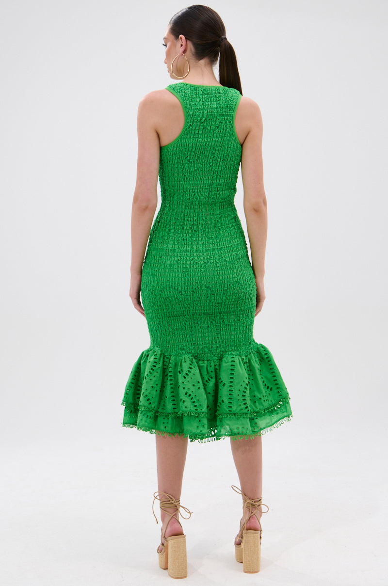LET'S GO TO THE BEACH RUFFLE MIDI DRESS IN GREEN