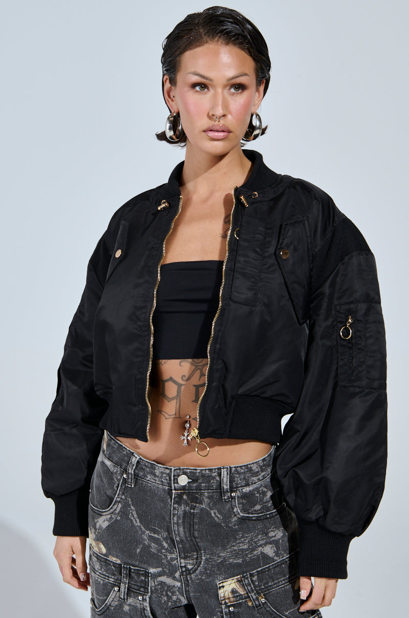 LUCKY ME ASYMMETRICAL BOMBER IN BLACK
