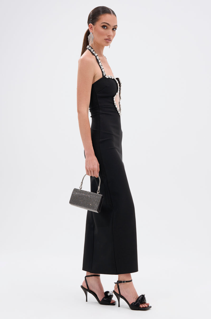 A PHONE CALL AWAY RHINESTONE BANDAGE MIDI DRESS