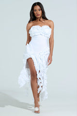 CITY LIGHTS RUFFLE MIDI DRESS IN WHITE