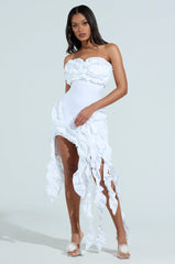 CITY LIGHTS RUFFLE MIDI DRESS IN WHITE