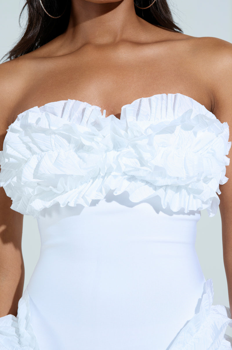 CITY LIGHTS RUFFLE MIDI DRESS IN WHITE