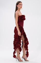 CITY LIGHTS RUFFLE MIDI DRESS IN BURGUNDY