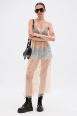 DO YOU BELIEVE IN LOVE RHINESTONE MESH MIDI DRESS