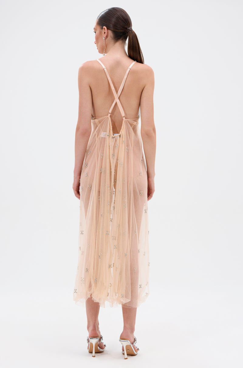 DO YOU BELIEVE IN LOVE RHINESTONE MESH MIDI DRESS