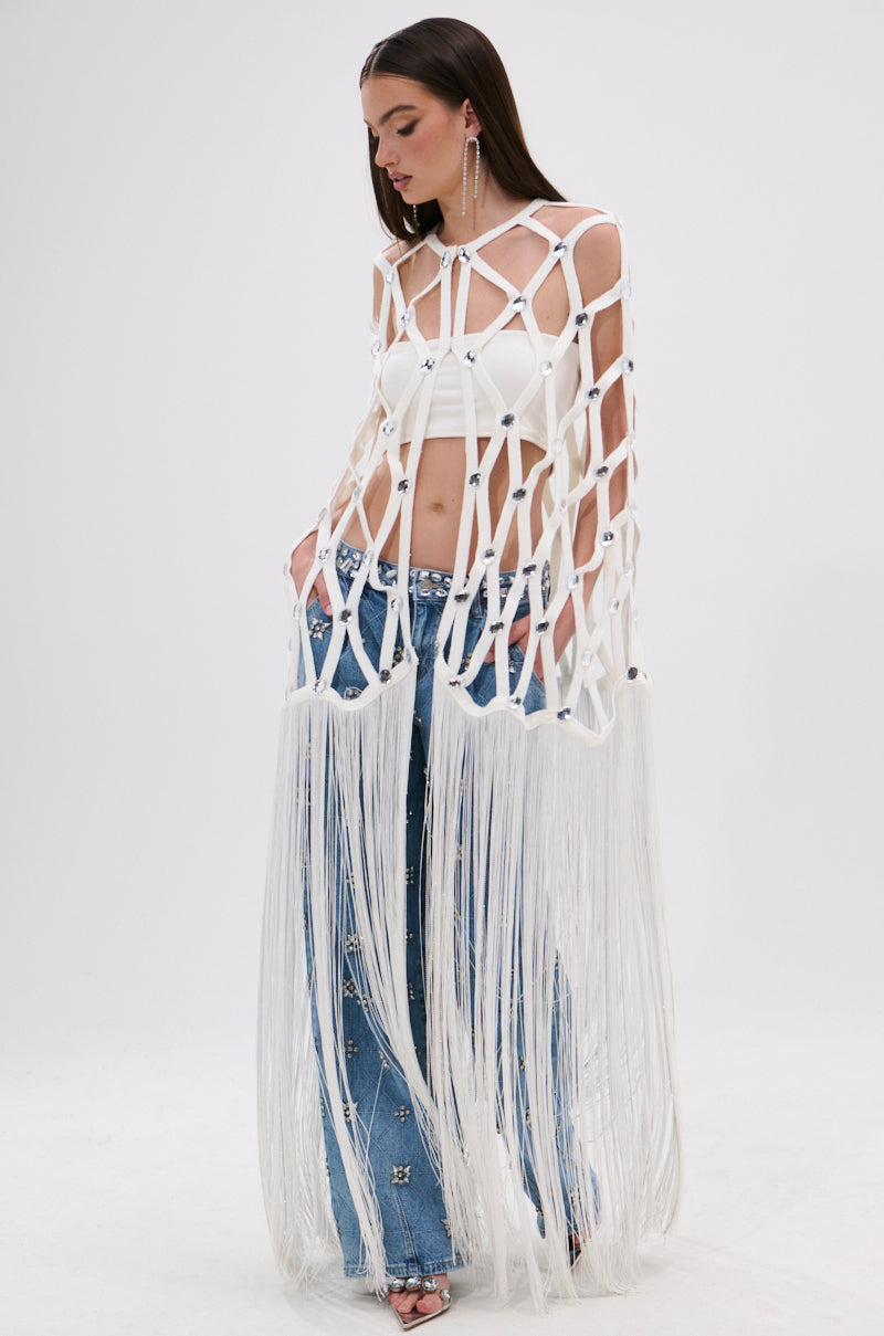 WHITE ZELINA FRINGE EMBELLISHED LONG CARDIGAN