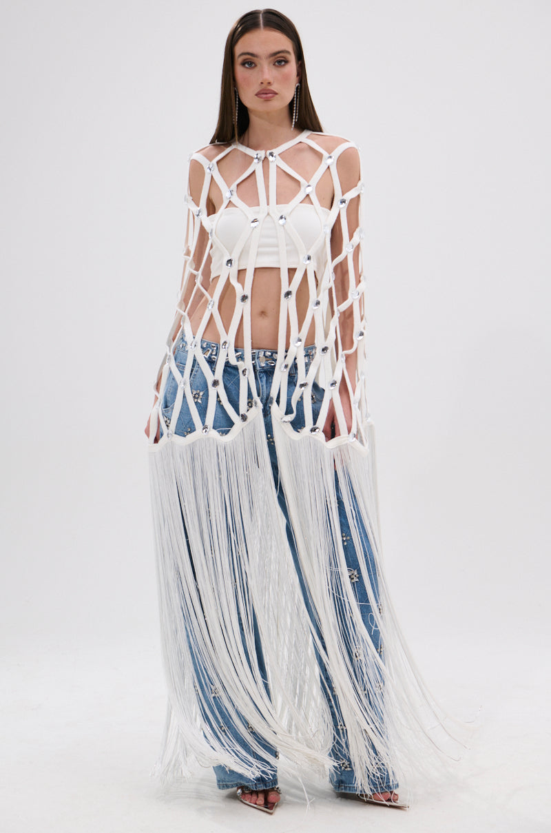 WHITE ZELINA FRINGE EMBELLISHED LONG CARDIGAN