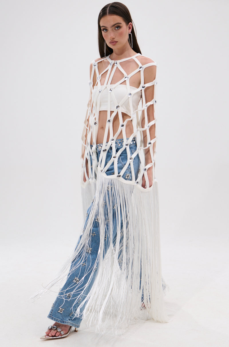 WHITE ZELINA FRINGE EMBELLISHED LONG CARDIGAN