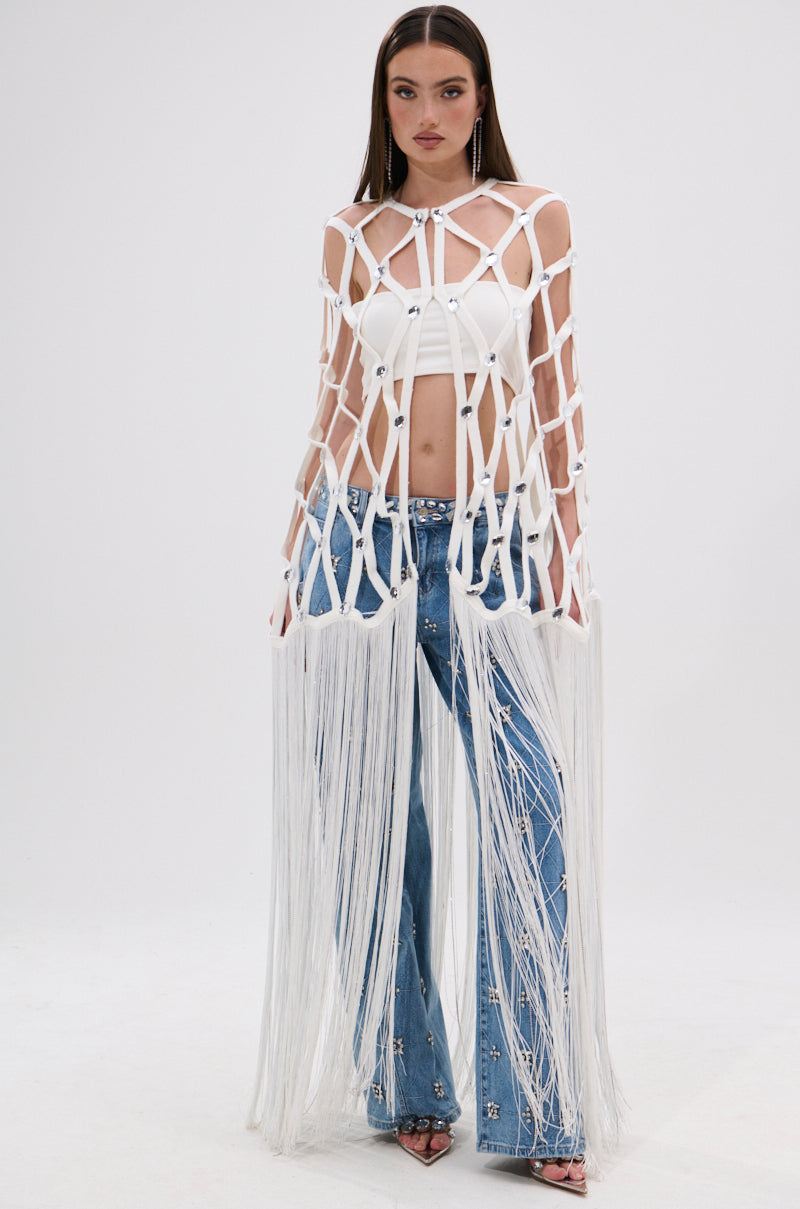 WHITE ZELINA FRINGE EMBELLISHED LONG CARDIGAN