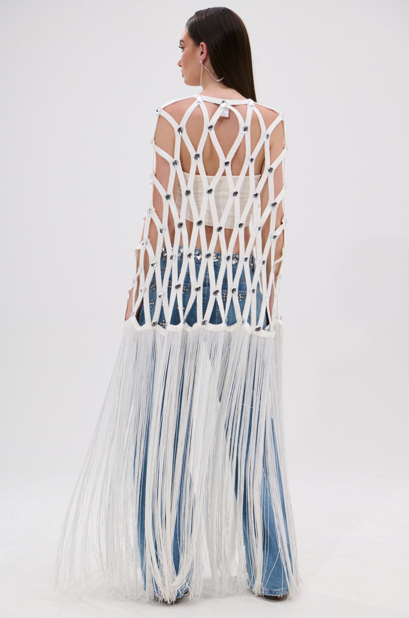 WHITE ZELINA FRINGE EMBELLISHED LONG CARDIGAN