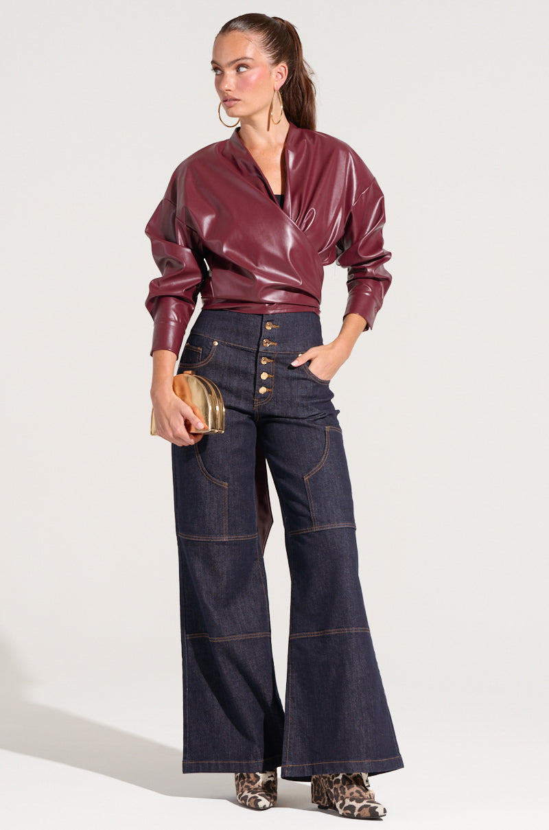 DYLAN FAUX LEATHER WRAP FRONT BLOUSE